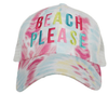 Pink teal and yellow tie-dye trucker hat with multicolor Beach Please embroidery and white mesh back - Crabby Mermaid