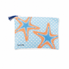 Starfish coastal cosmetic bag in blue and orange on white background with navy tassel — 100% cotton beach bag — Crabby Mermaid