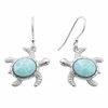 Larimar sea turtle drop earrings in .925 sterling silver on white background - genuine Dominican Republic Larimar - Crabby Mermaid