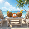 Citrus and mint coconut shell candle on beach table between two lounge chairs with tropical coconut drinks — coastal candle gift — Crabby Mermaid