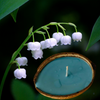 Spring showers coconut shell candle beside lily of the valley flowers — floral soy coconut wax candle — Crabby Mermaid