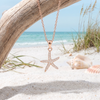 Rose gold pavé cubic zirconia starfish necklace hanging from driftwood on Florida beach — sterling silver with rose gold plating — Crabby Mermaid