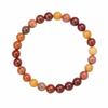 Mookaite gemstone beaded stretch bracelet, 8mm, in deep red, burgundy, and mustard yellow on white background