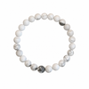 Howlite gemstone beaded stretch bracelet with white and gray marbled beads on white background — Crabby Mermaid