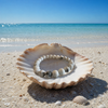 White howlite gemstone beaded stretch bracelet laying inside a seashell on a Florida Gulf Coast beach