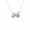 Yellow gold plated Larimar two turtle pendant necklace in sterling silver on white background — genuine Dominican Republic Larimar — Crabby Mermaid