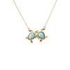 Yellow gold plated Larimar two turtle pendant necklace in sterling silver on white background - genuine Dominican Republic Larimar - Crabby Mermaid