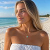 Gold plated Larimar and cubic zirconia necklace worn on model at Florida Gulf Coast beach - genuine Dominican Republic Larimar - Crabby Mermaid