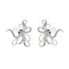 Sterling silver octopus stud earrings with freshwater pearl and blue crystals on white background — 22mm x 20mm — handcrafted in Ireland — Crabby Mermaid