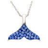 Sterling silver whale tail pendant close-up with sapphire blue crystals on white background — ocean jewelry handcrafted in Ireland — Crabby Mermaid