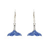 Sterling silver whale tail drop earrings with sapphire blue Swarovski crystals on white background — lever-back closure — handcrafted in Ireland