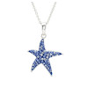 Sterling silver sapphire blue starfish necklace with 100 crystal accents on white background — 18 inch cable chain — handcrafted in Ireland
