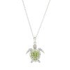 Sterling silver peridot green and white Swarovski crystal turtle necklace on white background — handcrafted in Ireland — Crabby Mermaid