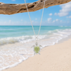 Sterling silver peridot green Swarovski crystal turtle necklace hanging from driftwood on Florida Gulf Coast beach