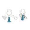 Interchangeable charm earring set in silver with opalite half-moon charm, teal tassel, and wishbone charm on white background — Crabby Mermaid