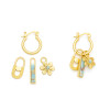 Interchangeable charm earring set in gold with Aqua Terra stone bar, daisy flower, and oval link charms on white background — Crabby Mermaid