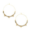 Labradorite stone disc hoop earrings in gold with semi-precious labradorite discs and gold bead accents on white background - Crabby Mermaid