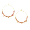 Rhodonite stone disc hoop earrings in gold with semi-precious rhodonite discs and gold bead accents on white background - Crabby Mermaid