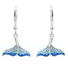 Sterling silver whale tail drop earrings with ombre blue crystals and lever-back closures on white background — handcrafted in Ireland — Crabby Mermaid