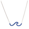 Sterling silver sea wave necklace with sapphire blue Swarovski crystals shown with longer chain length on white background - handcrafted in Ireland - Crabby Mermaid