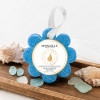 Spongellé Freesia Pear Wild Flower body wash buffer on wooden bath tray with sea glass and shells — Crabby Mermaid