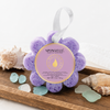 Spongellé French Lavender Wild Flower body wash buffer on wooden bath tray with sea glass and shells — Crabby Mermaid