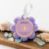Spongellé French Lavender Wild Flower body wash buffer on wooden bath tray with sea glass and shells - Crabby Mermaid