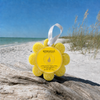 Spongellé Sweet Patchouli Wild Flower buffer on driftwood at Florida Gulf Coast beach with sea oats and turquoise water — Crabby Mermaid