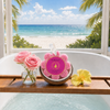 Spongellé Bulgarian Rose Wild Flower Body Wash Buffer on a wood bathtub caddy with pink roses and an ocean view through an open window