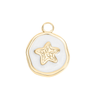 Close-up of white epoxy starfish medallion charm in 18K gold PVD finish on white background - Crabby Mermaid