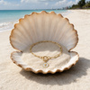Gold paperclip sea turtle charm bracelet displayed in a seashell on a Florida Gulf Coast beach - Crabby Mermaid
