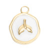 Close-up of gold epoxy whale tail disc charm with white epoxy background and raised gold whale tail detail - 18K gold PVD stainless steel