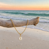 Gold paperclip chain necklace with white epoxy seahorse charm hanging from driftwood at Florida Gulf Coast beach sunset - Crabby Mermaid