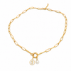 Gold 18K PVD paperclip charm holder necklace with pearl charm and white epoxy seahorse medallion on white background - Crabby Mermaid