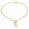 Gold paperclip charm holder necklace with pearl charm and white epoxy sea turtle medallion on white background - Crabby Mermaid