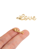 Gold scripted Love charm shown at two sizes on white background - scale reference for 18K gold paperclip charm holder necklace