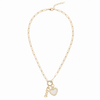 18K gold paperclip charm holder necklace with mother of pearl heart charm and Love charm on white background - Crabby Mermaid