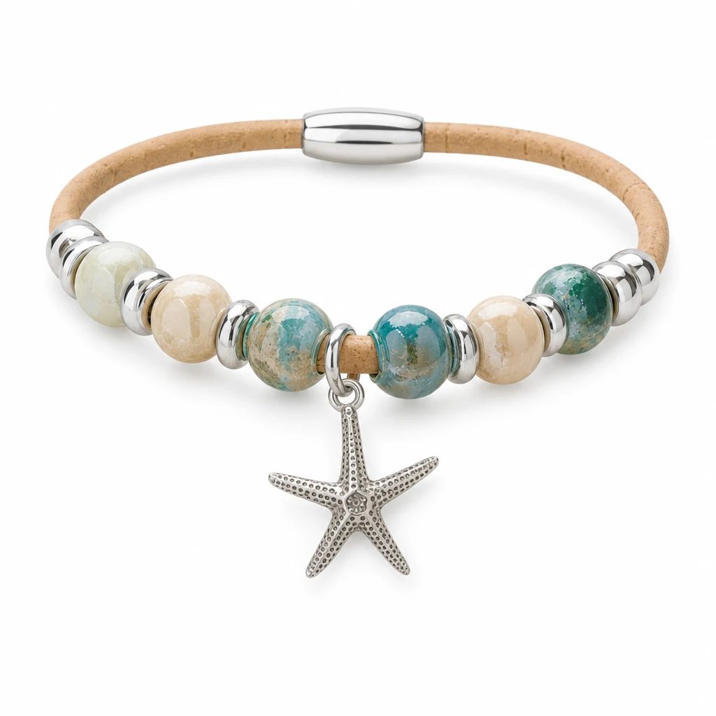 Sterling silver starfish cork bracelet with teal and beige ceramic beads on white background - eco-friendly sustainable natural Portuguese cork - Crabby Mermaid