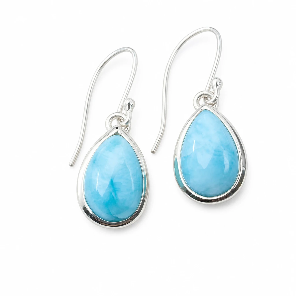 Larimar teardrop dangle earrings in sterling silver on white background - genuine Dominican Republic Larimar - Crabby Mermaid