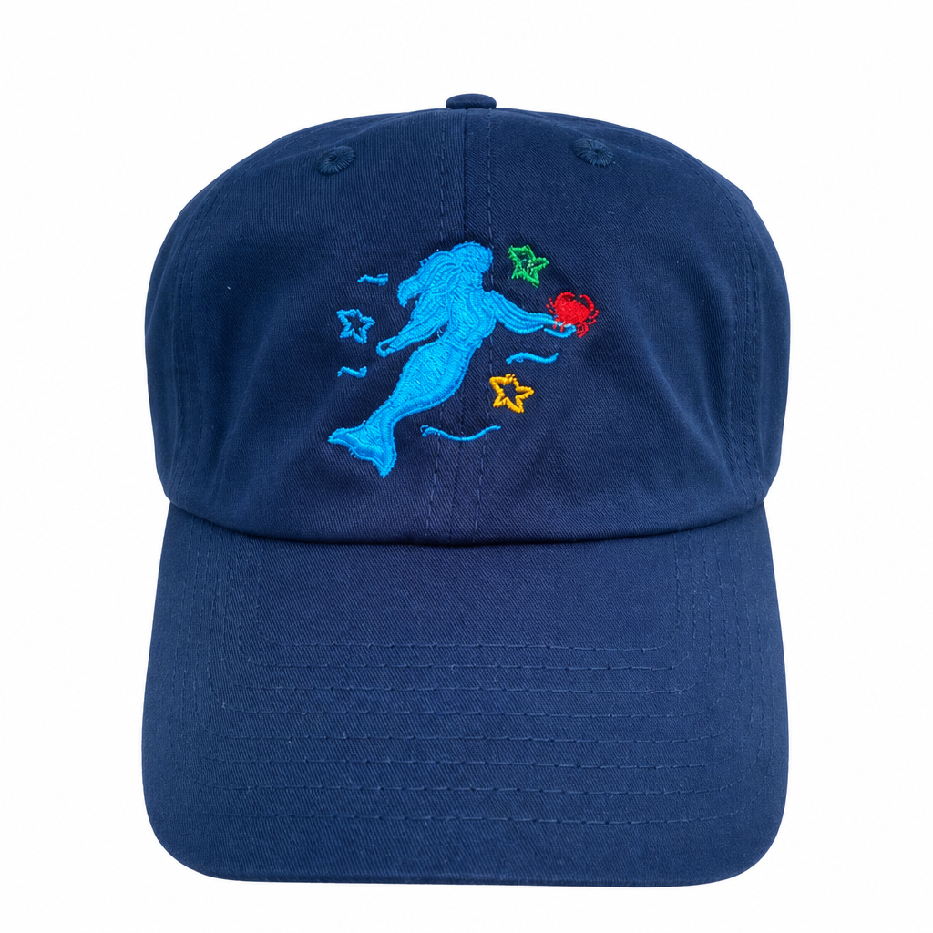 Crabby Mermaid original hat in navy with embroidered mermaid, crab, and starfish design on white background - Crabby Mermaid