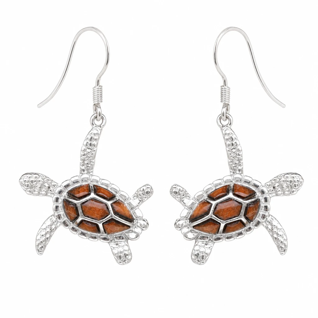 Sterling silver sea turtle dangle earrings with Hawaiian koa wood inlay on white background - French wire hooks - Crabby Mermaid