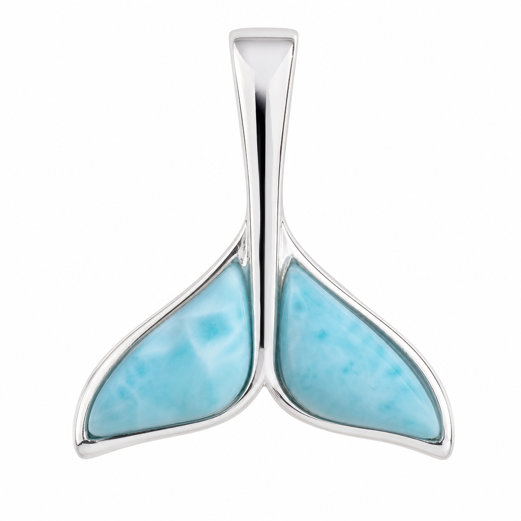 Larimar whale tail pendant necklace in .925 sterling silver on white background - genuine Dominican Republic Larimar - Crabby Mermaid