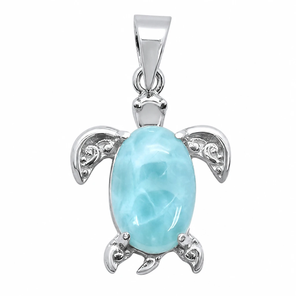 Larimar sea turtle pendant in .925 sterling silver on white background - genuine Dominican Republic Larimar - Crabby Mermaid