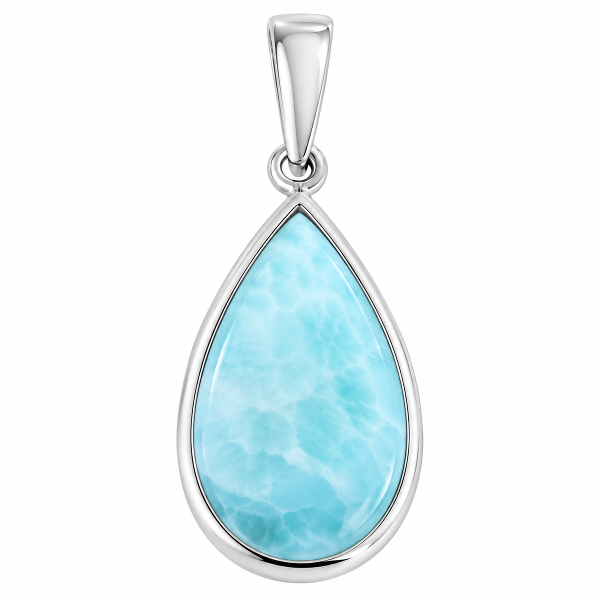 Larimar teardrop necklace in sterling silver on white background - Crabby Mermaid