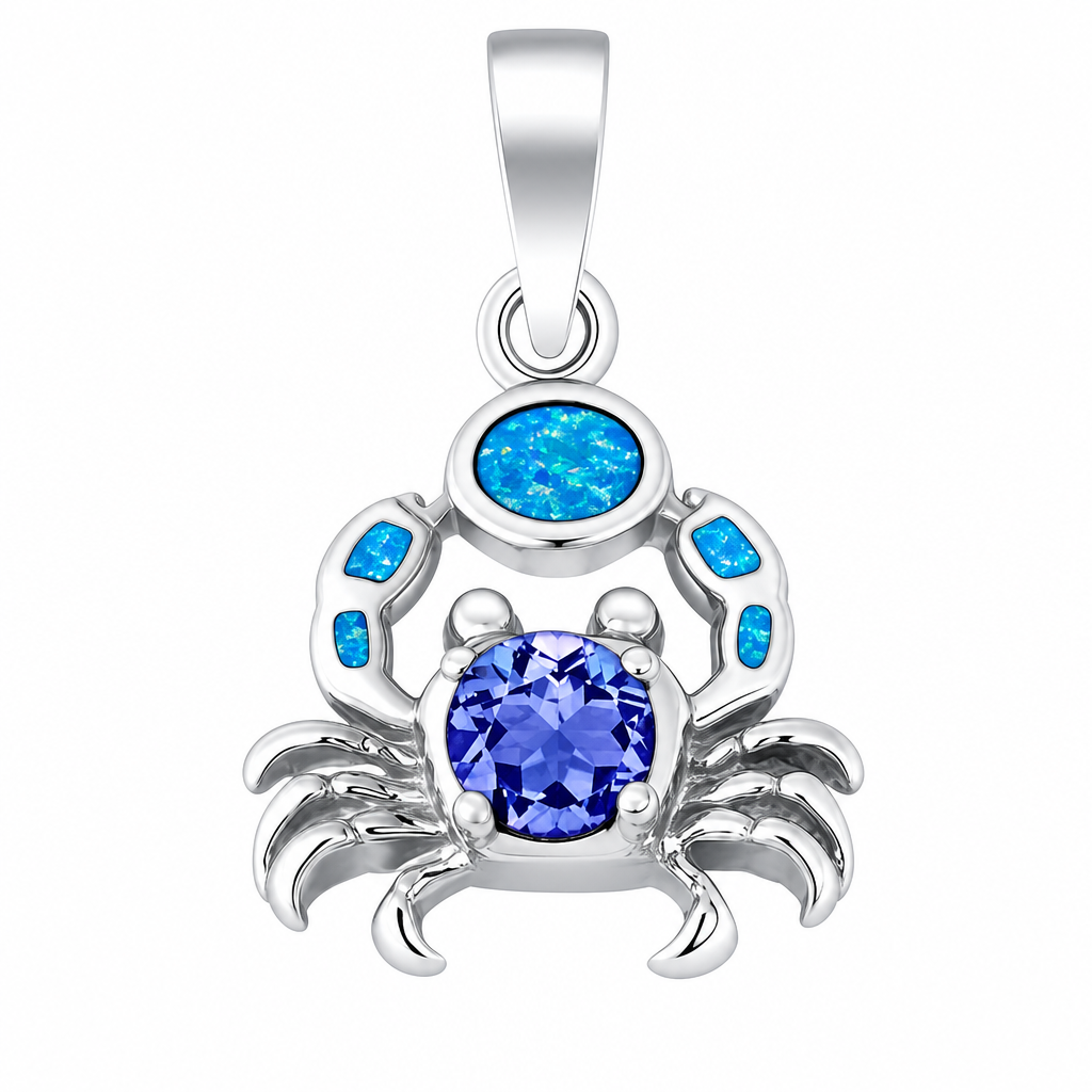 Tanzanite and blue opal crab pendant necklace in sterling silver on white background — Crabby Mermaid
