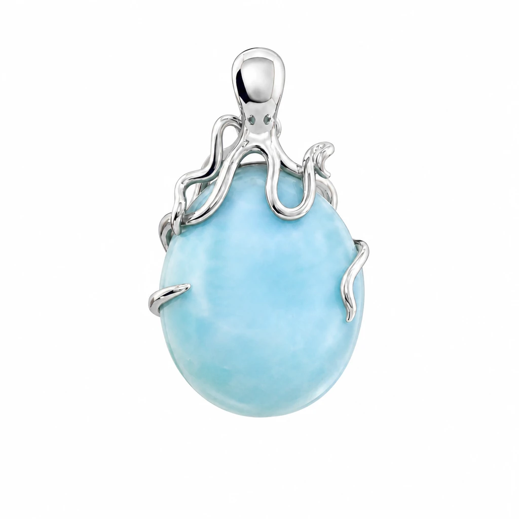 Larimar octopus necklace in .925 sterling silver on white background - genuine Dominican Republic Larimar oval stone cradled in sterling silver octopus tentacles - Crabby Mermaid