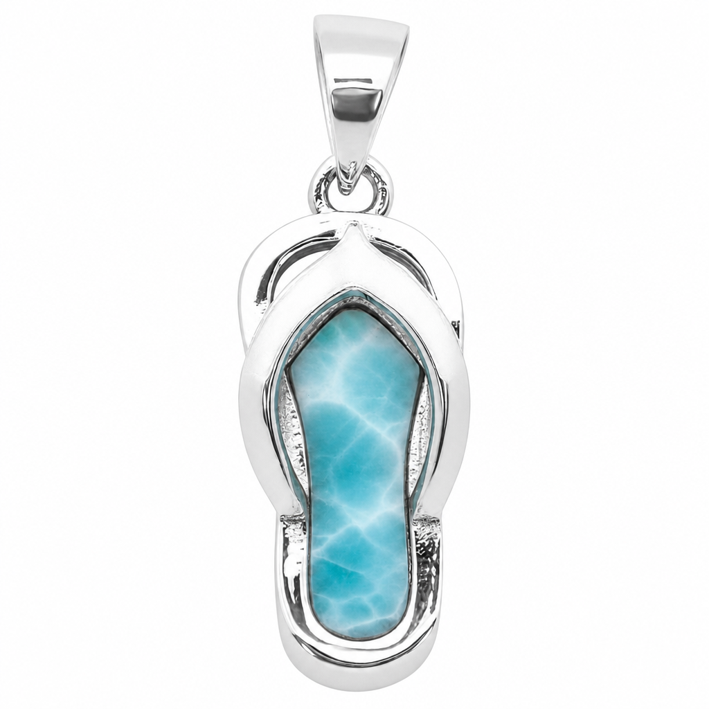Larimar flip flop pendant necklace in .925 sterling silver on white background - genuine Dominican Republic Larimar - Crabby Mermaid
