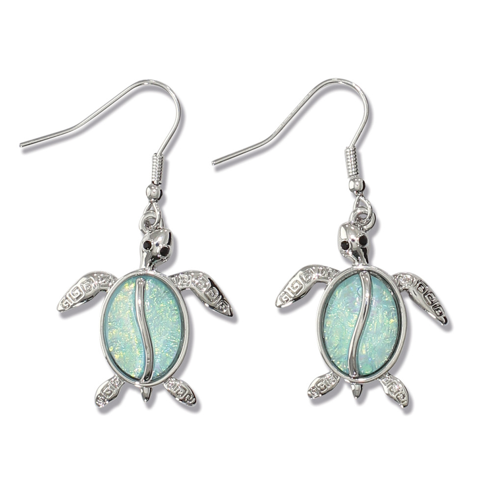 Silver-toned sea turtle dangle earrings with luminous opal aqua shell on white background - coastal jewelry - Crabby Mermaid