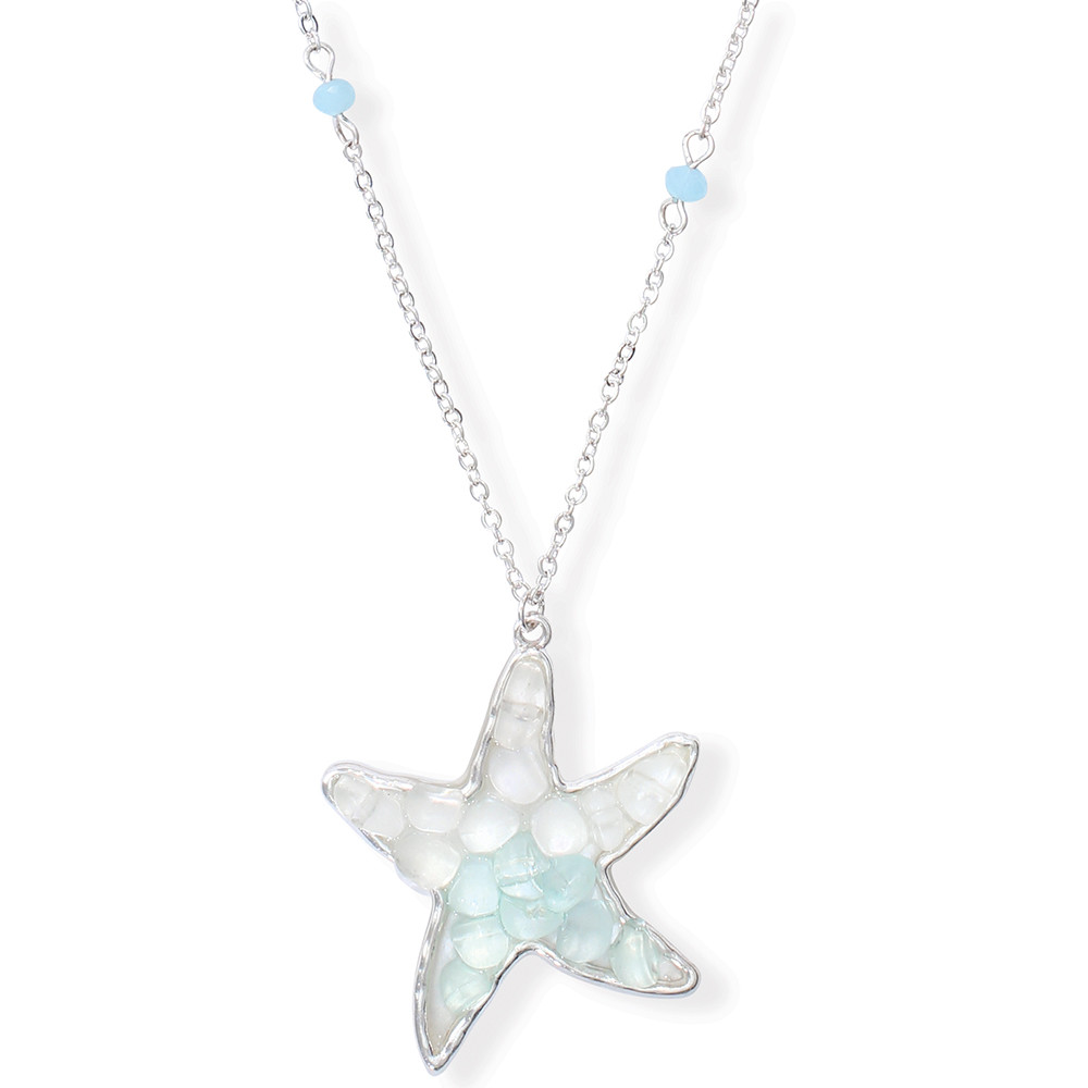 Silver-toned sea glass starfish pendant necklace with aqua and white mosaic and pale blue bead chain on white background - coastal jewelry - Crabby Mermaid