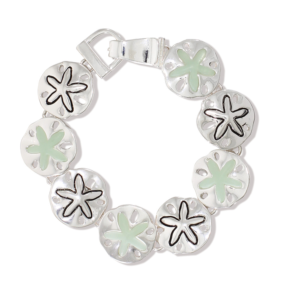 Silver and mint enamel magnetic sand dollar link bracelet with magnetic closure on white background - coastal beach bracelet - Crabby Mermaid